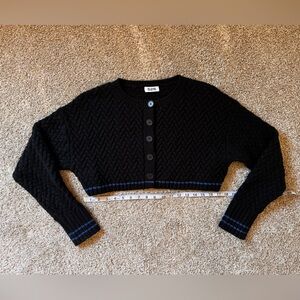 525 America Black Cable Knit Cropped Cardigan with Blue Accent Trim